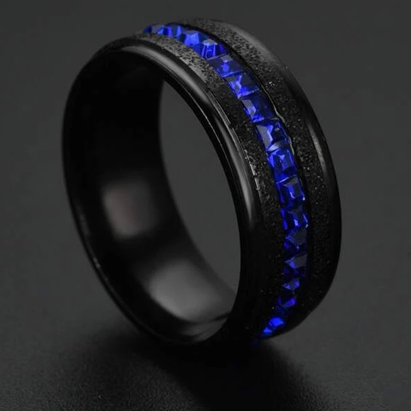 Mens Black Cubic Zirconia Band, with Royal Blue accent stones - Picture 2 of 8